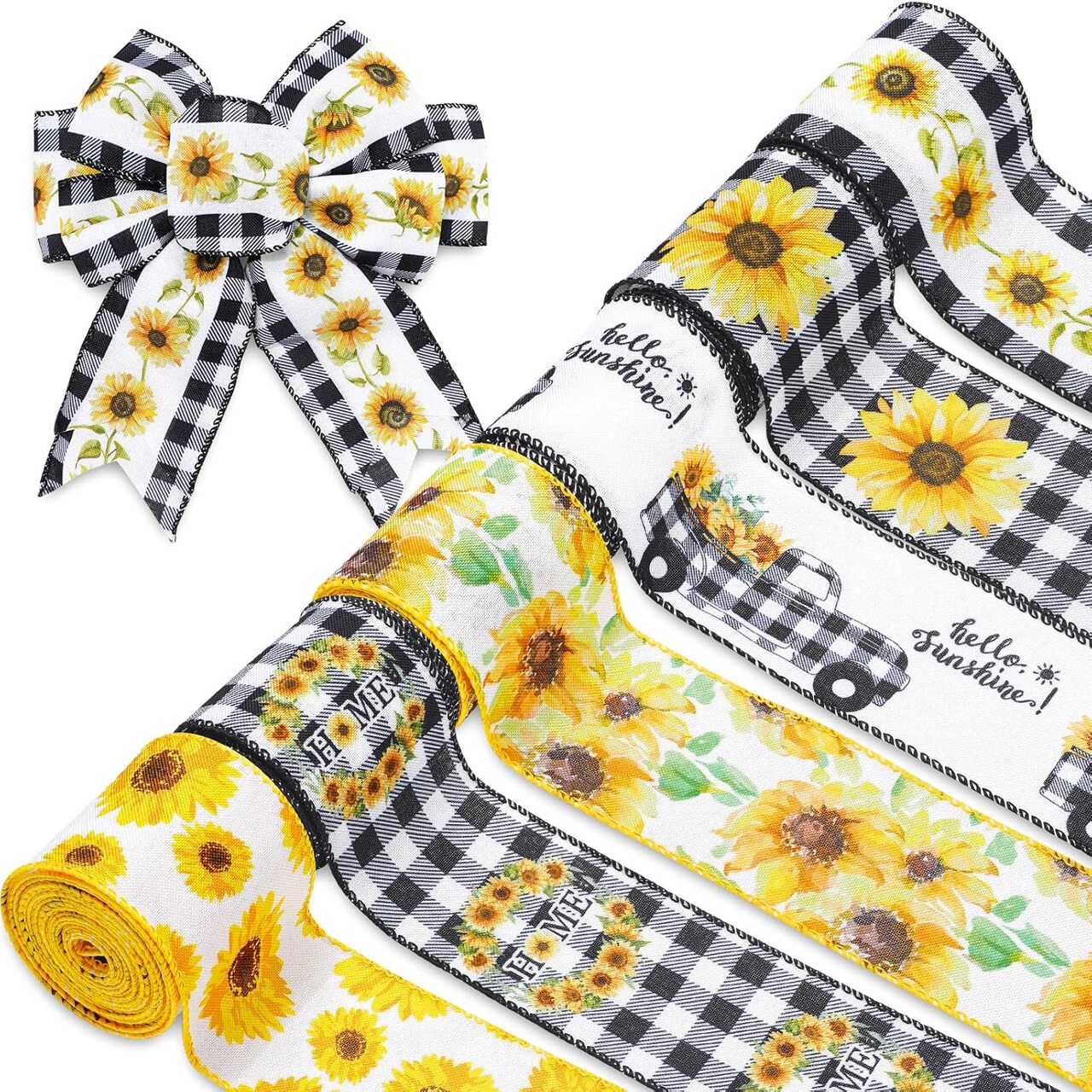 36 Yard Sunflower Wired Edge Ribbon 6 Roll 2.5 Inch Buffalo Plaids Flower Fabric Ribbon Spring Summer Floral Decorative Craft Ribbon